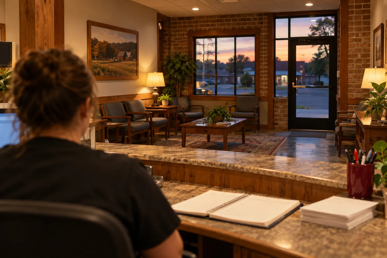 A small clinic front desk in warm evening light.