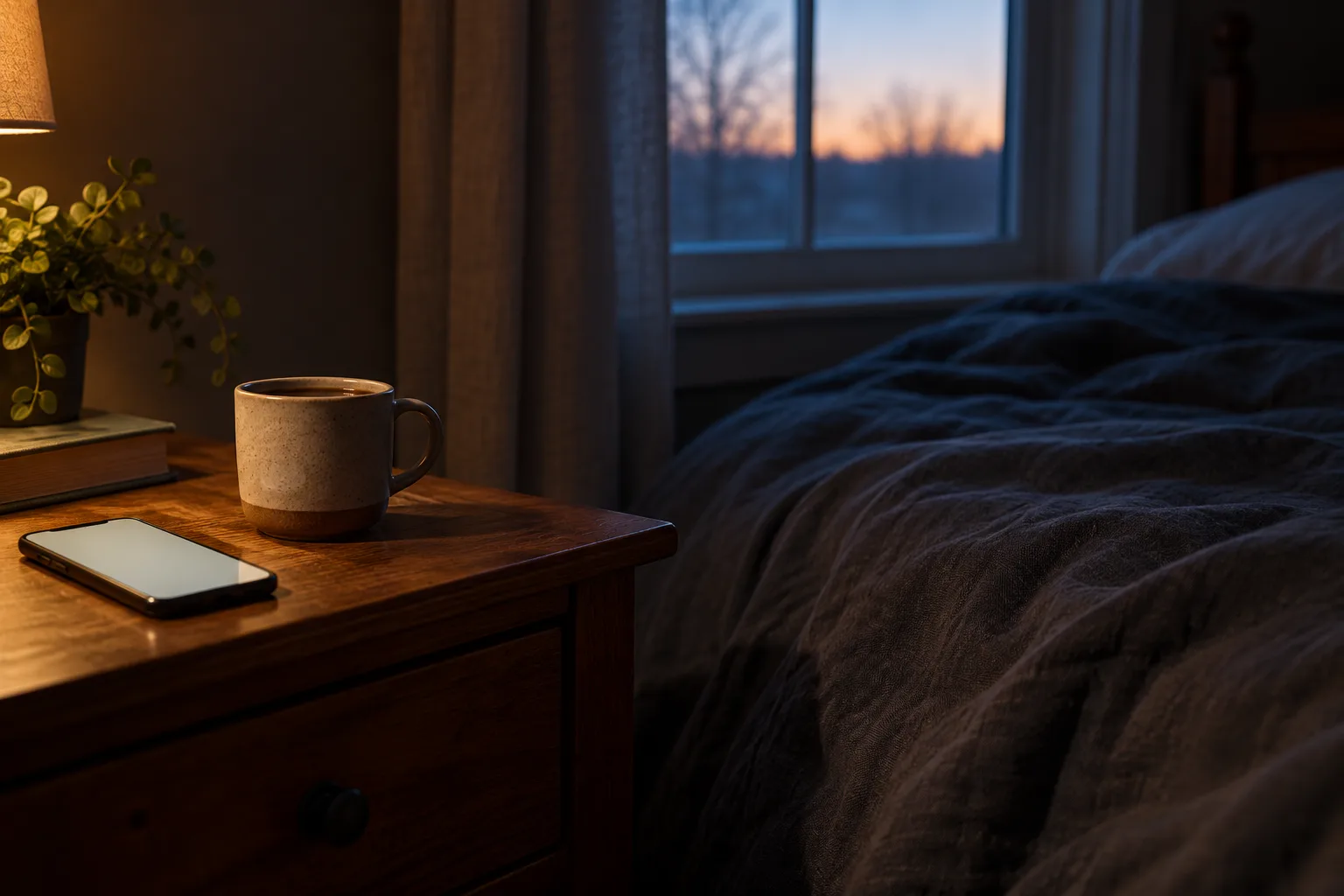 A softly lit phone and coffee on a wooden nightstand at dawn.