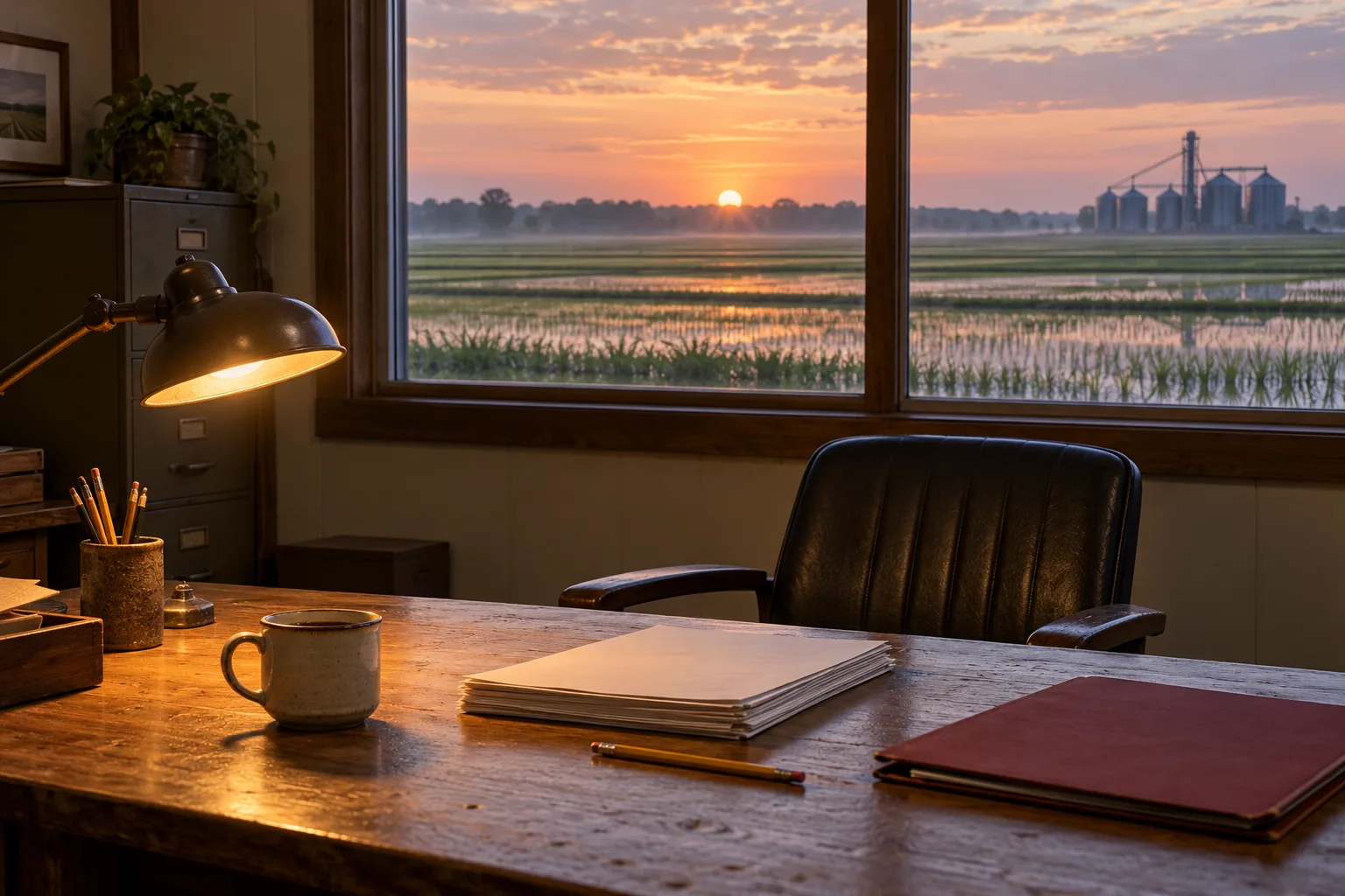 A rice-country office desk overlooking fields at dawn.